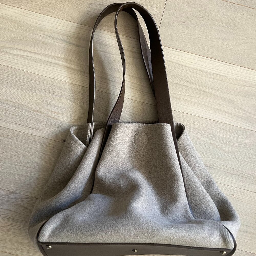 Akris Alex Medium Tote Beige Brown Wool Leather